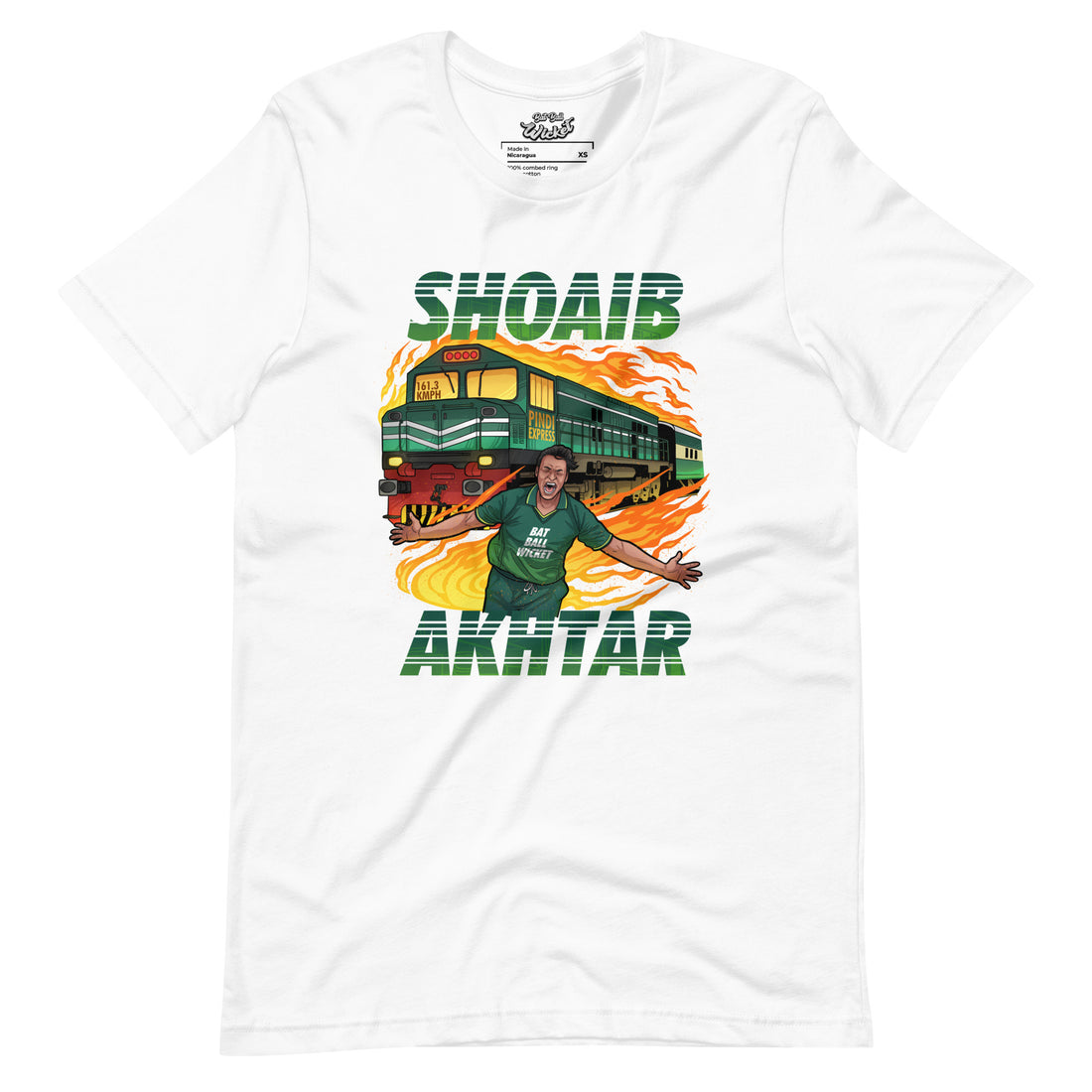 ront view of a white t-shirt showcasing a large graphic of cricketer Shoaib Akhtar with a train and flame elements in a dynamic design, titled &