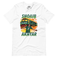 ront view of a white t-shirt showcasing a large graphic of cricketer Shoaib Akhtar with a train and flame elements in a dynamic design, titled 'Shoaib Akhtar' in bold green letters below.