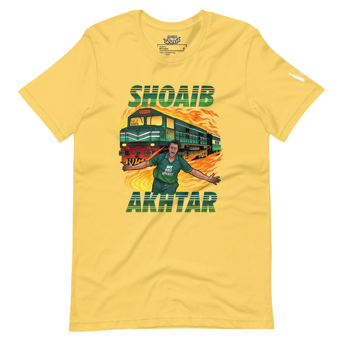 ront view of a yellow t-shirt showcasing a large graphic of cricketer Shoaib Akhtar with a train and flame elements in a dynamic design, titled &